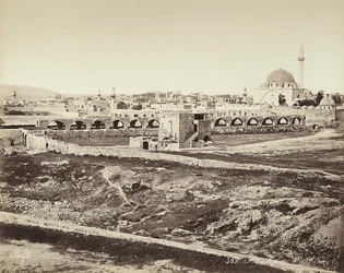 Panoramablick auf ein bewohntes Gebiet mit einer Moschee in Israel