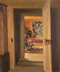 Interieur mit einem jungen Mädchen beim Schreiben, 1905