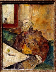 Porträt von Paul Verlaine (1844-1896), französischer Dichter, sitzend an der Bar vor einem Glas Absinth. Gemälde zugeschrieben Felix Vallotton (1865-1925)