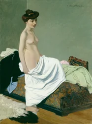 Stehender Akt, der ein Kleid auf dem Knie hält, 1904