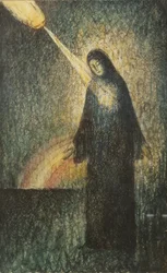 Eine Frau im Licht eines Regenbogens