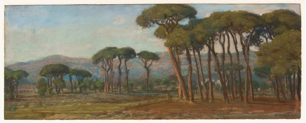 Weitläufige Landschaft mit einem Dorf und Hügeln in der Ferne