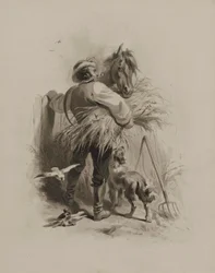 Bauer mit Pferd, Hund und Tauben