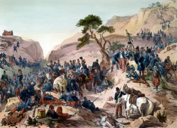 Episode aus der Eroberung Algeriens im Jahr 1840 - Schlacht am Mouzaia-Pass (1840) - Der Herzog von Orléans führt den Befehl im französischen Heer - Gravur von Philippoteaux - Das französische Heer gewinnt die Schlacht um die Teniah von Mouzaia am