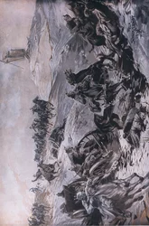 Von der Ostfront: Artillerie im Transit unter feindlichem Feuer, Illustration aus Hindenburg, veröffentlicht von Daterlandischer Derlag C U Weller Berlin