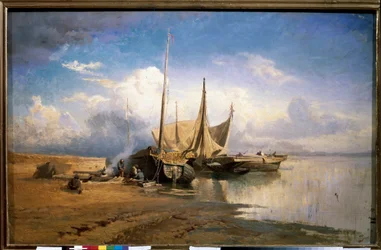 Blick auf die Wolga, Boote. Gemälde von Fyodor Vasilyev (1850-1873), Öl auf Leinwand
