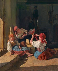 Kinder schmücken einen Rekrutenhut, 1854