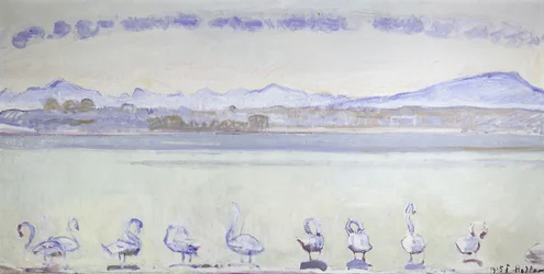 Neun Schwäne vor einer bergigen Landschaft, 1915