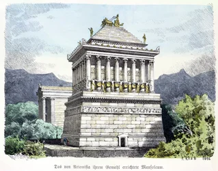 Das Mausoleum von Halikarnassos, aus einer Serie der „Sieben Weltwunder der Antike“, veröffentlicht in „Münchener Bilderbogen“. 1886