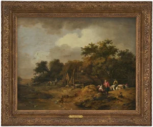 Landschaft mit Hütte und Ziehbrunnen