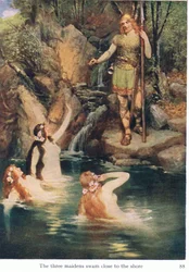 Die drei Jungfrauen schwammen nahe ans Ufer, Illustration aus Die Geschichten von Wagners Opern, veröffentlicht von George Harrap & Co Ltd, 1932