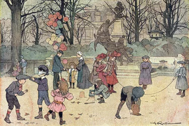 Spiele von Colin-Aillard, Seilspringen, Ballon und Sand im öffentlichen Garten, in Imagier de l