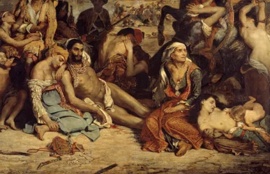 Das Massaker von Chios. Szene, die den griechischen Unabhängigkeitskrieg gegen die Osmanen darstellt: Griechische Zivilisten erwarten den Tod oder die Sklaverei (Detail). Gemälde von Eugène Delacroix (1798-1863)