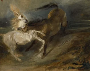 Zwei kämpfende Pferde in einer stürmischen Landschaft, ca. 1828