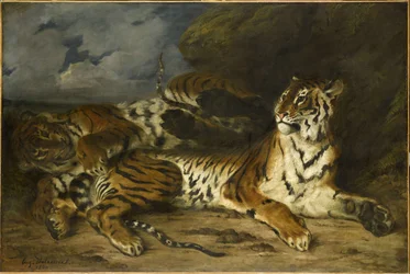 Junger Tiger spielt mit seiner Mutter, 1830