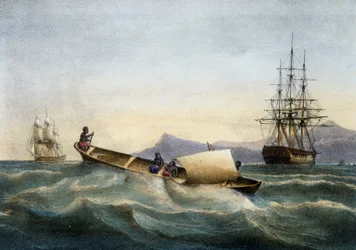 Auslegerkanu aus den Antillen, Farblithographie von Ferdinand Perrot