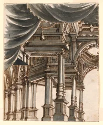 Bühnenbild: Palastatrium, gestützt von Säulen und Pfeilern