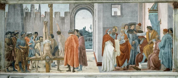 Der Streit zwischen Simon dem Zauberer (dem Magier oder Simon von Samaria, gestorben 65) (mit Nero (37-68) auf dem Thron) und die Kreuzigung des heiligen Petrus (Der Streit mit Simon Mago und die Kreuzigung des heiligen Petrus) - Fresko von Filipino Lippi 