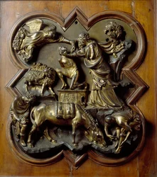 Isaaks Opferung. Von Filippo Brunelleschi (1377-1446) geschaffenes Basrelief