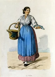 Kleines Gewerbe des Königreichs Neapel: junger neapolitanischer Diener, der vom Markt zurückkehrt. Gravur nach einem Gemälde von F. Palizza. Aus einem Werk von Francesco de Bourcard „Costumi del regno di Napoli“