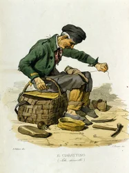 Kleingewerbe der Stadt Neapel: der Schuster. Gravur nach einem Gemälde von F. Palizza. Aus einem Werk von Francesco de Bourcard „Costumi del regno di Napoli“