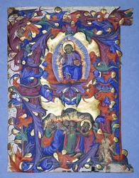 Eine große historiierte "A" mit einer Darstellung der Himmelfahrt, ca. 1450