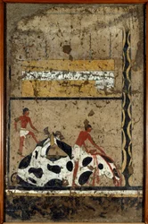 Ägyptische Antiquitäten: Ein Stier wird vor einem Sarkophag geopfert. Detrempe auf Ton und Stroh aus dem Grab des Generals und Kanzlers von König Iti in El Ghebelen bei Luxor. 2200-2000 v. Chr. Turin, Ägyptisches Museum