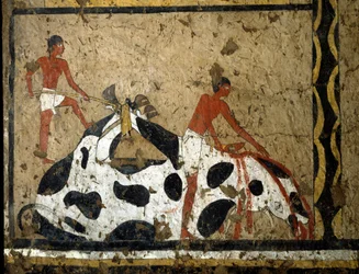 Ägyptische Antiquität: Ein Stier wird vor einem Sarkophag geopfert. Detrempe auf Ton und Stroh aus dem Grab des Generals und Kanzlers des Königs Iti in El Ghebelen bei Luxor. 2200-2000 v. Chr. Turin, Ägyptisches Museum