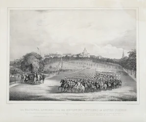 Die National Lancers mit den überprüfenden Offizieren auf dem Boston Common