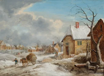 Ein Dorf im Winter mit einem Pferd, das einen mit Holz beladenen Wagen zieht