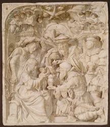 Anbetung der Heiligen Drei Könige, Alabaster und bemaltes vergoldetes Relief, flämisch, beschriftet 