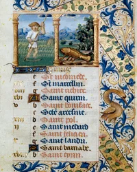 Kalender, Juni, ein Bauer mäht und das Zeichen des Krebses. Seite aus einem Stundenbuch ms. 47, illuminiert von der flämischen Schule. 16. Jahrhundert Badia de 