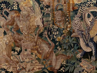 Flandrischer Wandteppich. Landschaft mit Pergola und großen Tieren, mit 2 Säulen. Atelier von Oudenaarde. 17. Jahrhundert.