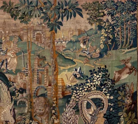 Flämischer Wandteppich. Landschaft mit Pergola und großen Tieren, mit 2 Säulen. Atelier von Oudenaarde. 319x508cm. Inv 0023. 17. Jahrhundert.
