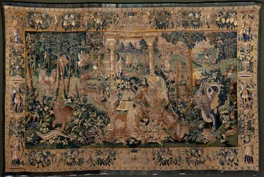 Flämischer Wandteppich. Landschaft mit Pergola und großen Tieren, mit 2 Säulen. Atelier von Oudenaarde. 17. Jahrhundert