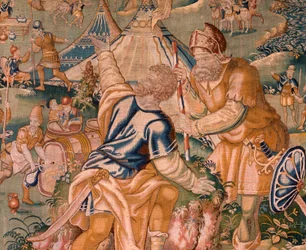 Flandrischer Wandteppich. Militärlager am Fluss Granikos. Atelier von Oudenaarde. 17. Jahrhundert.