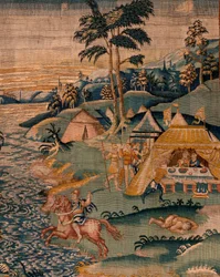 Flämischer Wandteppich. Militärlager am Fluss Granikos. Atelier von Oudenaarde. 377x393cm. Inv 83104-9 /00011. 17. Jahrhundert.