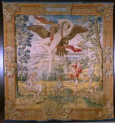 Flämischer Wandteppich. Serie Die Fabel des Ovidius: Der Raub des Ganymedes. Atelier Willem de Pannemaker, Brüssel. Vor 1556