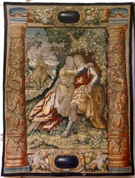 Flämische Tapisserie. Serie Galanterie. Paar mit Musiker. Herstellung Brüssel, frühes 17. Jahrhundert. Stoff Seide und Wolle, 5/6 Ketten pro cm. Größe 348 x 263 cm. Standort Kirche von San Millán de la Cogolla, Oncala (Soria). Ursprung