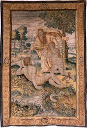Flämischer Wandteppich. Serie Genesis oder Die Schöpfung des Menschen. Gott erschafft die Frau und stellt sie Adam vor. Modell basierend auf Michiel Coxcie. Herstellung Jan Aerst in Brüssel. Ca. 1630. Stoff Seide und Wolle.