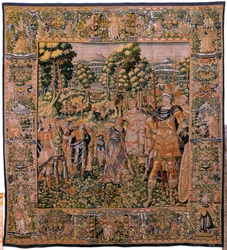 Flämische Tapisserie. Serie Geschichte des Kyros. Astyages erkennt Kyros. Anonym, basierend auf Michiel Coxcie. Atelier Antwerpen. Seide und Wolle. Ca 1590.