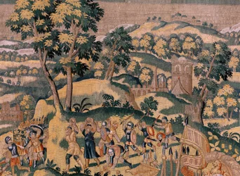 Flandrischer Wandteppich. Serie Geschichte des Cyrus. Nr. VI Tomyris befiehlt, den Kopf von Cyrus in ein Gefäß mit Blut zu tauchen. Anonym, basierend auf Michiel Coxcie. Atelier Antwerpen. Ca. 1590.