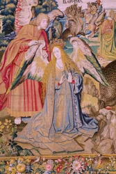 Flämischer Wandteppich. Serie Die Apokalypse: Der heilige Michael besiegt den Drachen. Atelier Willem Dermoyen, Brüssel. Ca. 1553-1555. (Detail)