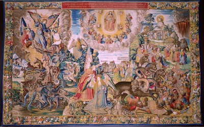 Flämischer Wandteppich. Serie Die Apokalypse: Der heilige Michael besiegt den Drachen. Atelier Willem Dermoyen, Brüssel. Ca. 1553-1555