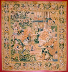 Flämischer Wandteppich. Serie Das Buch Judith. Der Krieg kommt nach Juda. Vierter Wandteppich der Serie. Herstellung Niederlande, Brüssel(?). Zweite Hälfte des 16. Jahrhunderts