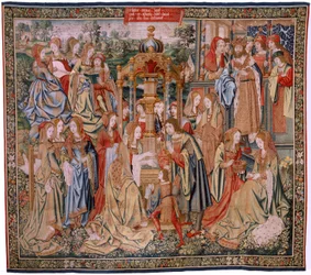 Flämischer Wandteppich. Serie Die Geschichte von David und Bathseba. Bathseba beim Bad. Erstes Panel der Serie. Modell Anonym. Herstellung Unbekannt, Brüssel