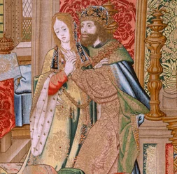 Flämischer Wandteppich. Serie Die Geschichte von David und Bathseba. Hochzeit von David und Bathseba. Zweites Panel der Serie. Modell Anonym. Herstellung Unbekannt, Brüssel. 1505