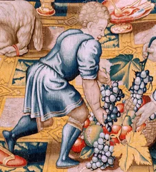 Flämischer Wandteppich. Serie Die Geschichte von Hannibal. Hannibals Eid. Erster Wandteppich der Serie. Kartons anonymer Meister der Niederlande. Brüsseler Herstellung, Werkstatt. Ca 1570. Stoff Wolle und Seide, 6,5/7 Ketten pro cm. Größe 34