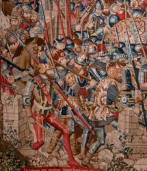 Flämischer Wandteppich. Serie Der Trojanische Krieg. Die Zerstörung von Troja. Elfter Wandteppich in der Serie. Modell Coëtivy Meister (Henry oder Conrard de Vulcop). Herstellung Tournai Werkstätten. Ca. 1470. Stoff Wolle und Seide