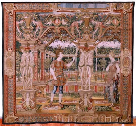 Flemischer Wandteppich. Serie Vertumnus und Pomona. Nr. IV Vertumnus verwandelt sich in einen Baumschneider. Modelle Kreis von Pieter Coecke Van Aelst und Léonard Thiry. Atelier unbekannt, Brüssel. Gold, Seide und Wolle.